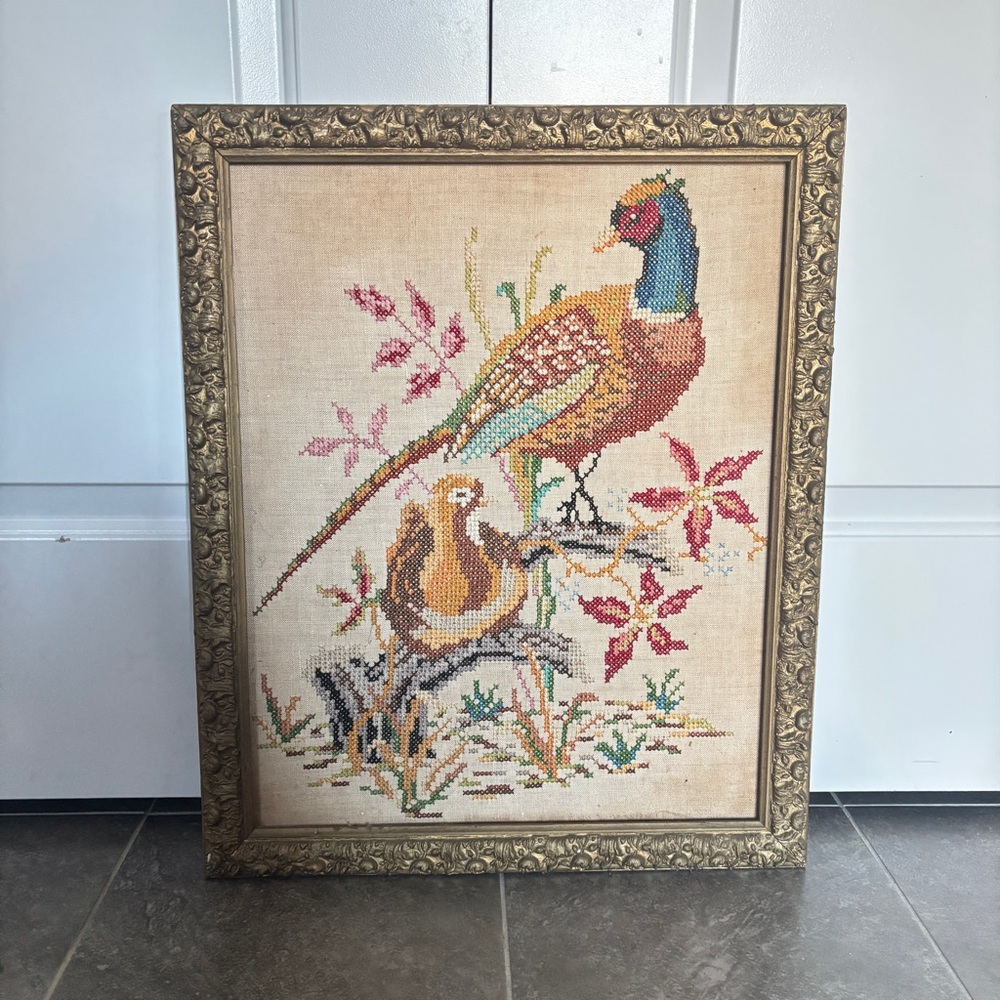 Vintage Framed Cross Stitch Needlepoint Embroidered Art of Pheasants